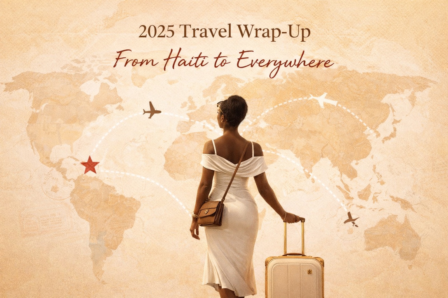 2025 Travel Wrap-Up: From Haiti to Everywhere, with a traveler and suitcase against a world map
