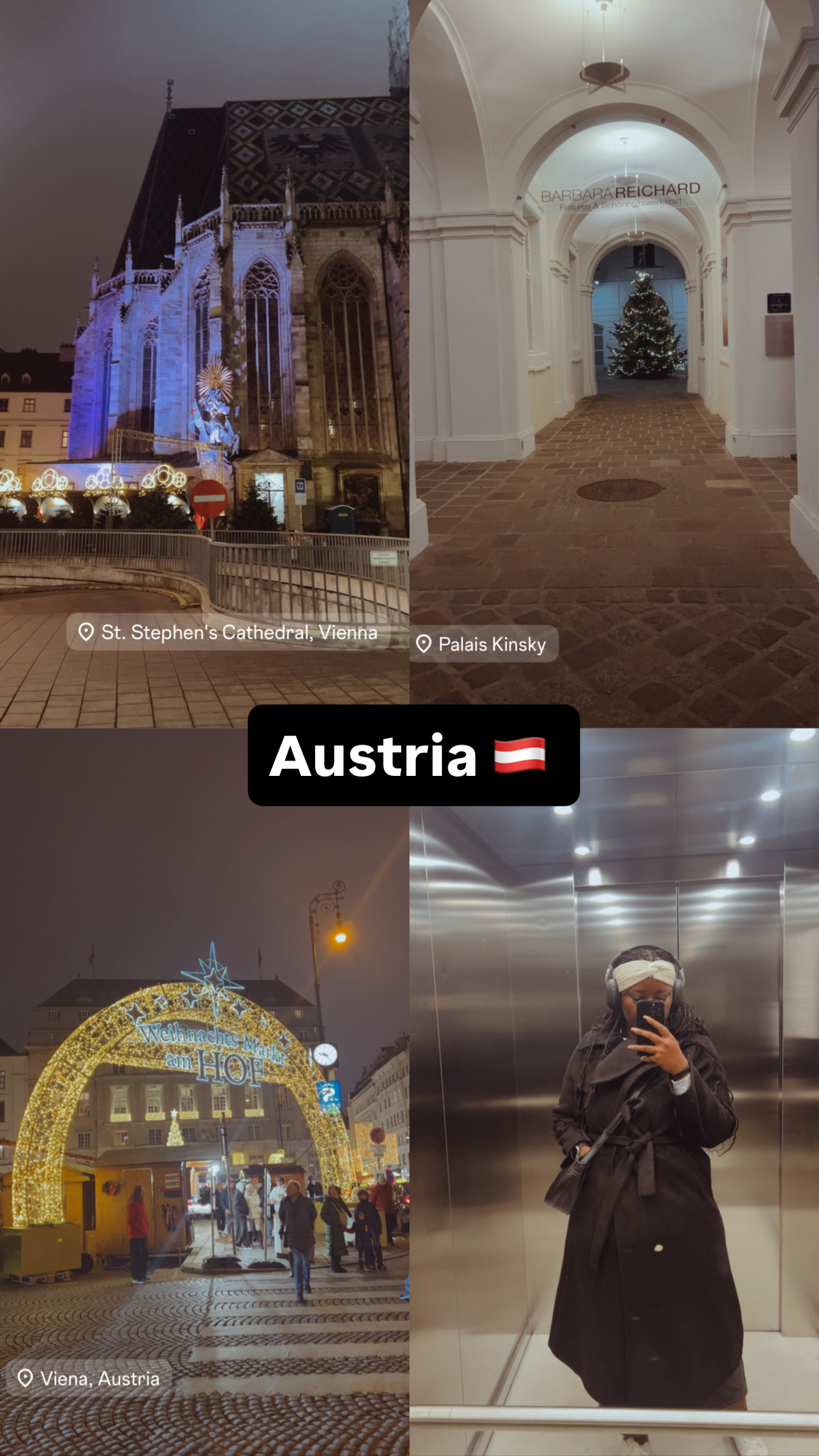 Smana’s Austria collage featuring Vienna architecture, Christmas lights, and a mirror portrait