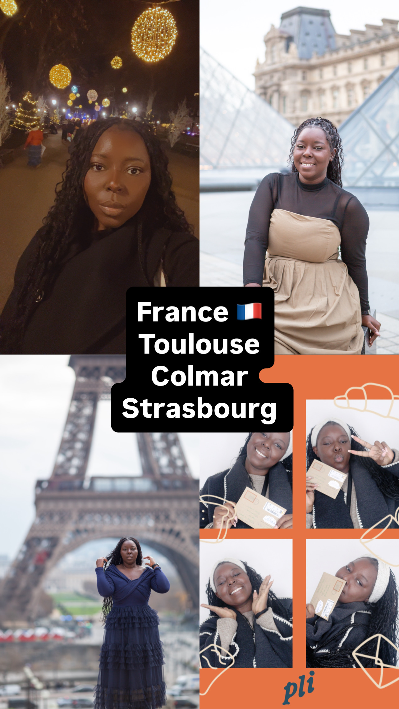 Smana’s France collage with portraits by the Louvre and Eiffel Tower, festive lights, and Café Pli memories