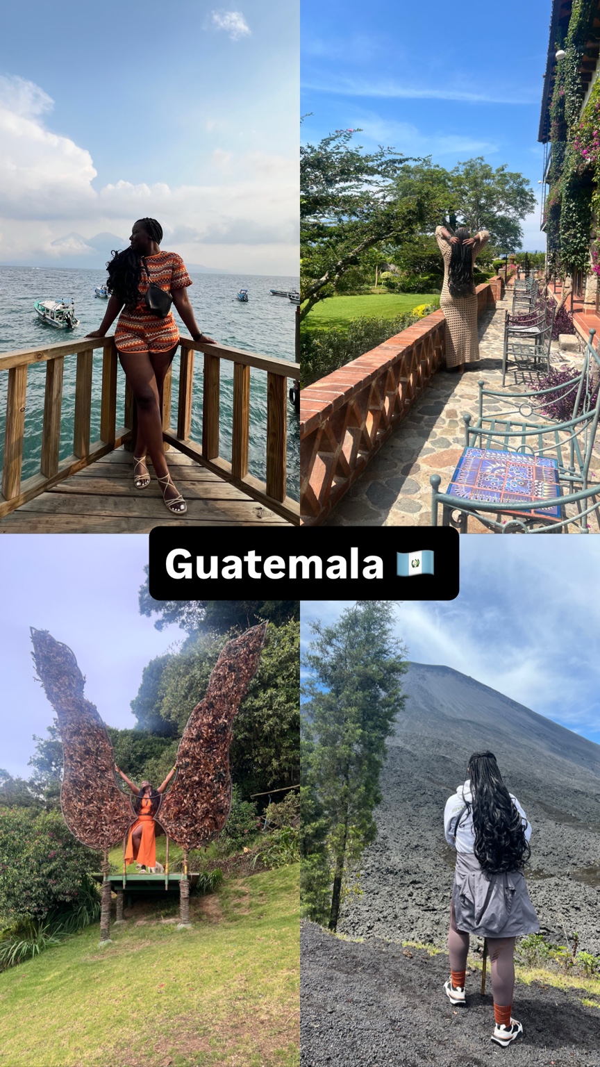Smana’s Guatemala collage featuring a lakeside view, gardens, a swing, and a volcanic landscape