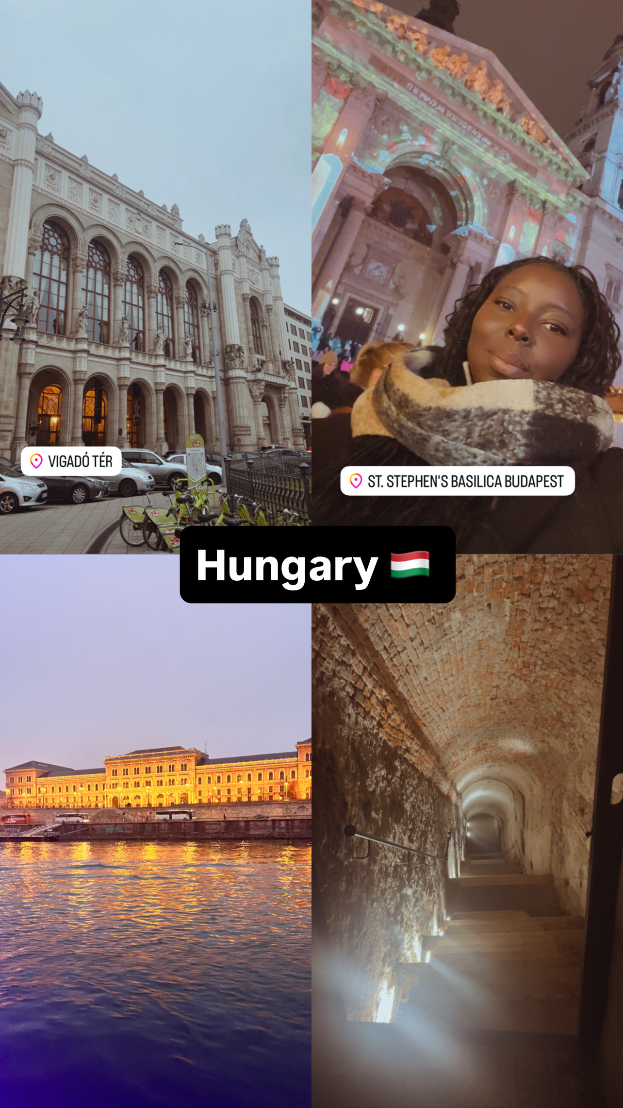 Smana’s Hungary collage featuring Budapest architecture, illuminated riverfront buildings, and a brick passageway