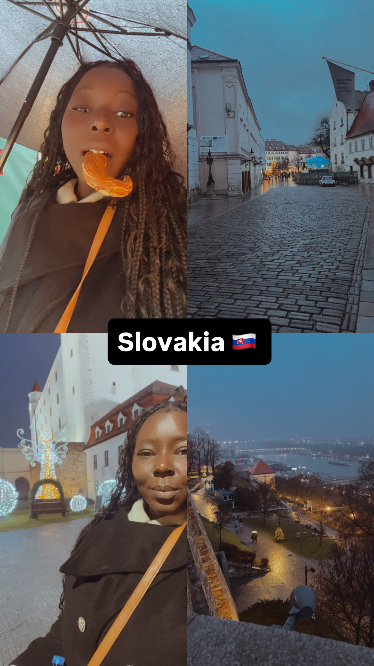 Smana’s Slovakia collage with rainy streets, an umbrella portrait, and evening city views