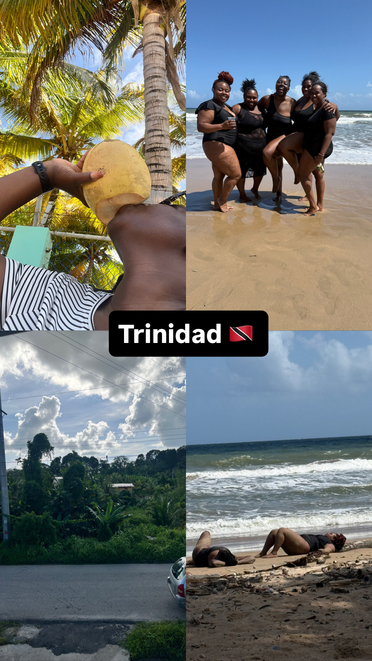 Smana’s Trinidad collage with coconuts, palm trees, friends on the beach, and ocean views